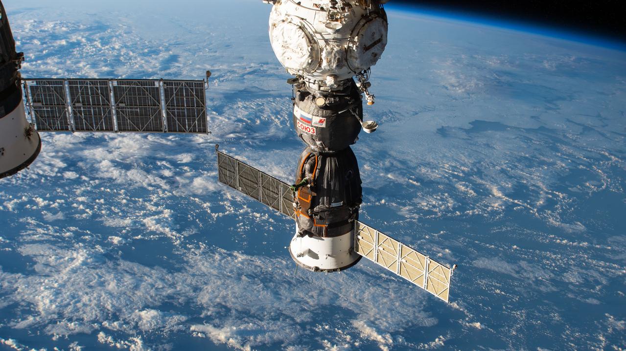 iss070e138113 (April 4, 2024) --- The Soyuz MS-25 crew ship is pictured docked to the International Space Station's Prichal docking module as the orbital complex soared 263 miles above the South Pacific Ocean.