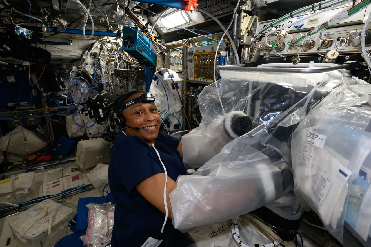 iss071e000901 (April 6, 2024) --- Expedition 71 Flight Engineer and NASA astronaut Jeanette Epps works in the BioFabrication Facility portable glovebag located in the International Space Station's Columbus laboratory module. She was working on the Redwire Cardiac Bioprinting Investigation that may offer the ability to print food and medicines for future space crews. Results may also enable the bioprinting of replacement organs and tissues potentially alleviating the shortage of donor organs on Earth.