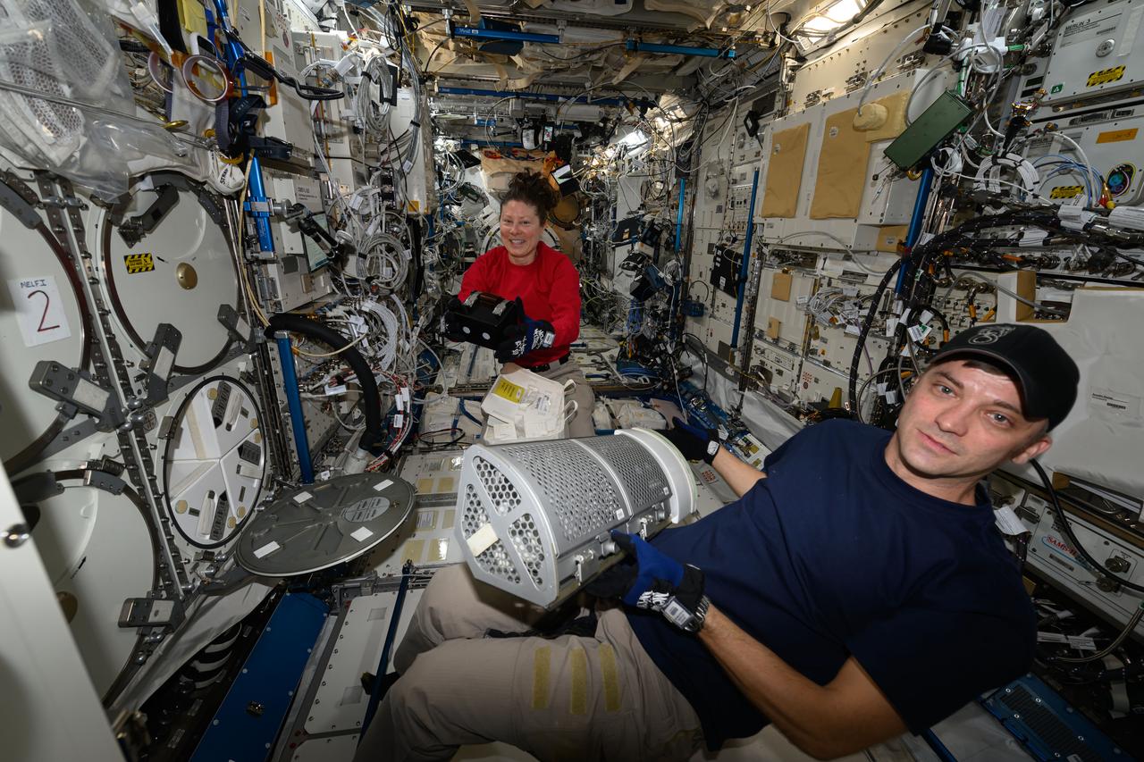 iss071e040122 (April 23, 2024) --- Expedition 71 Flght Engineers Tracy C. Dyson and Matthew Dominick, both NASA astronauts, collect research samples preserved inside science freezers aboard the International Space Station. The duo then transferred the samples and packed them inside the SpaceX Dragon cargo spacecraft for return to Earth and analysis in laboratories.