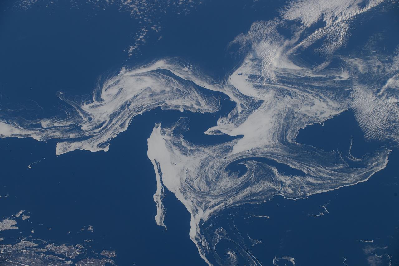  iss071e046021 (April 27, 2024) -- Off the coast of Newfoundland, NASA astronaut Mike Barratt captured this image of sea ice as the International Space Station orbited 258 miles above the North Atlantic Ocean. The sea ice appears in swirls floating on the ocean's surface. From the orbiting laboratory's unique vantage point, astronauts can observe events on our home planet that are otherwise impossible to witness on the ground.