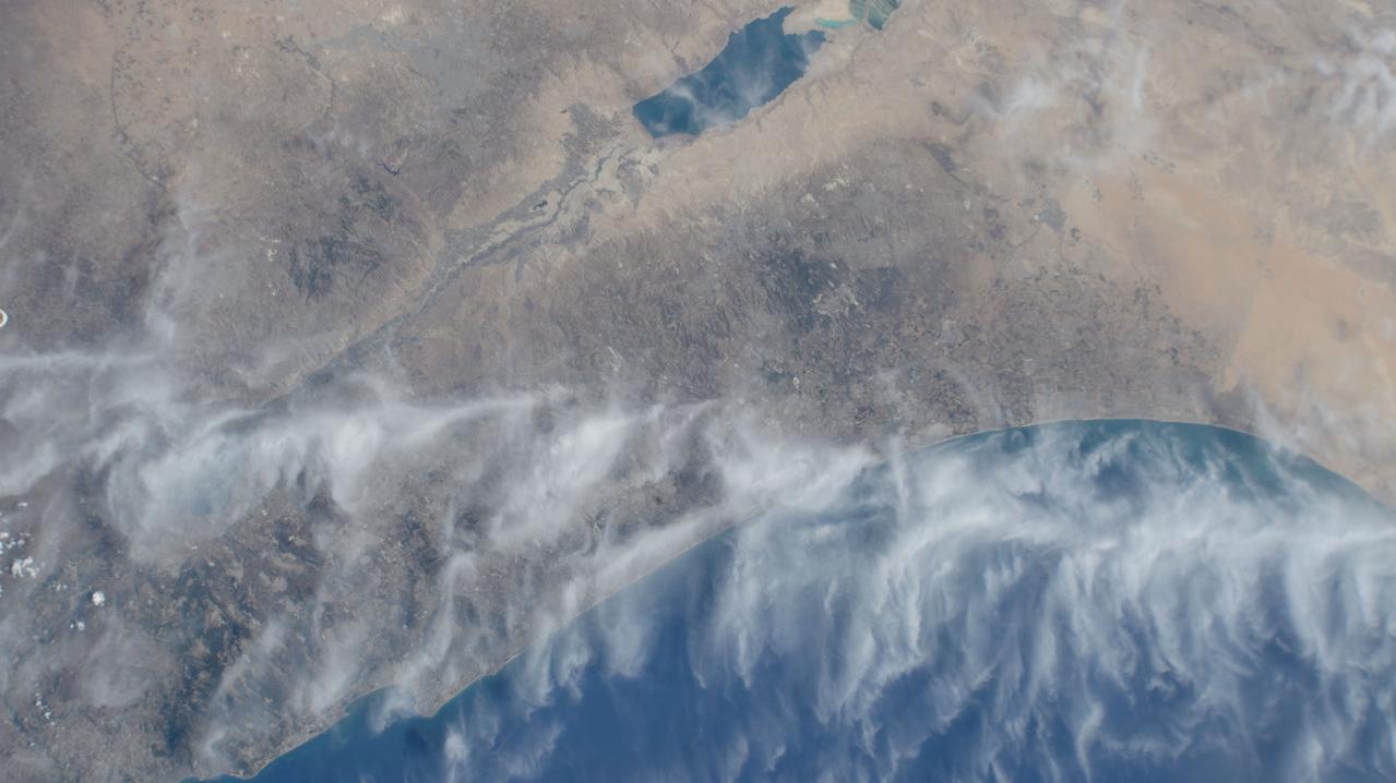 iss071e113334 (May 26, 2024) --- Cirrus clouds cross the Meditteranean coast from Israel and into Jordan in this photograph from the International Space Station as it orbited 262 miles above.