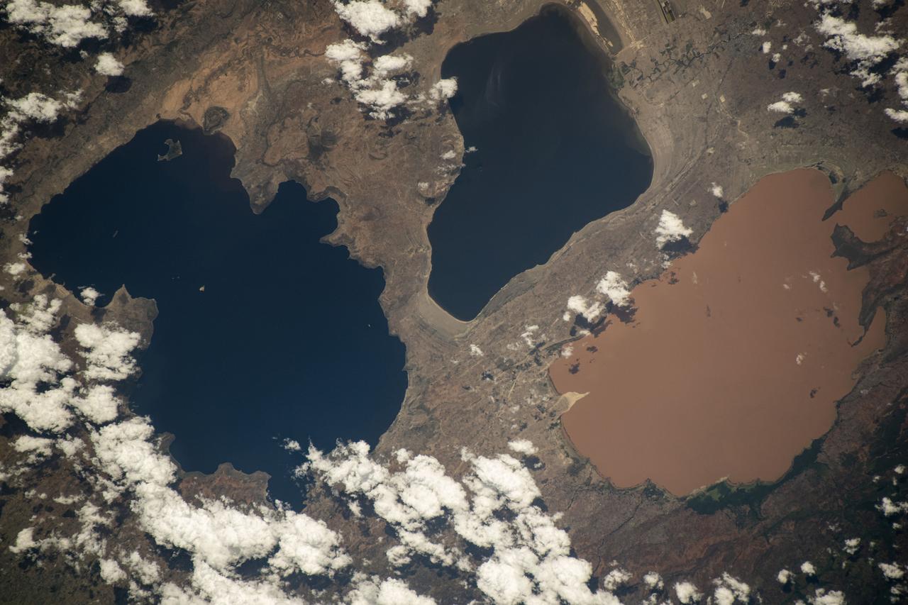 iss071e132461 (May 27, 2024) -- A trio of lakes in the Ethiopian Rift Valley were pictured from the International Space Station as it orbited 259 miles above. From left are Lakes Shala, Abijatta (both alkaline bodies of water), and Langano, which gets its brown color from high sulfur levels and other minerals.