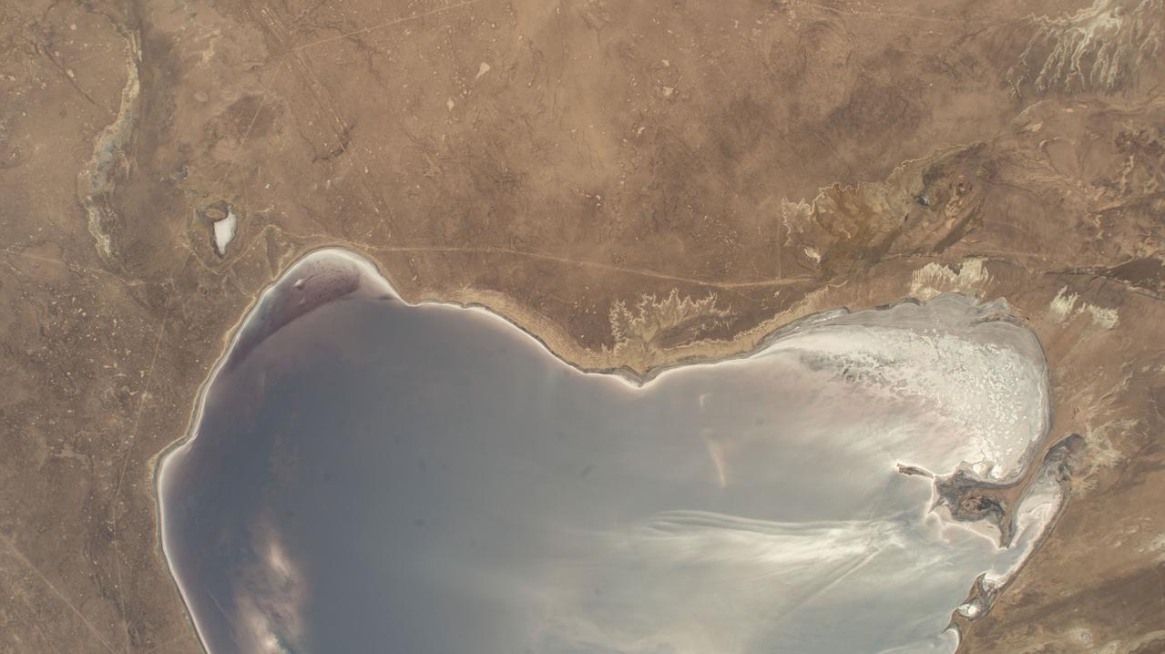 iss071e144922 (May 31, 2024) --- Garabogazköl Basin, a highly saline lagoon off the Caspian Sea, located in Turkmenistan is pictured from the International Space Station as it orbited 262 miles above the central Asian nation.