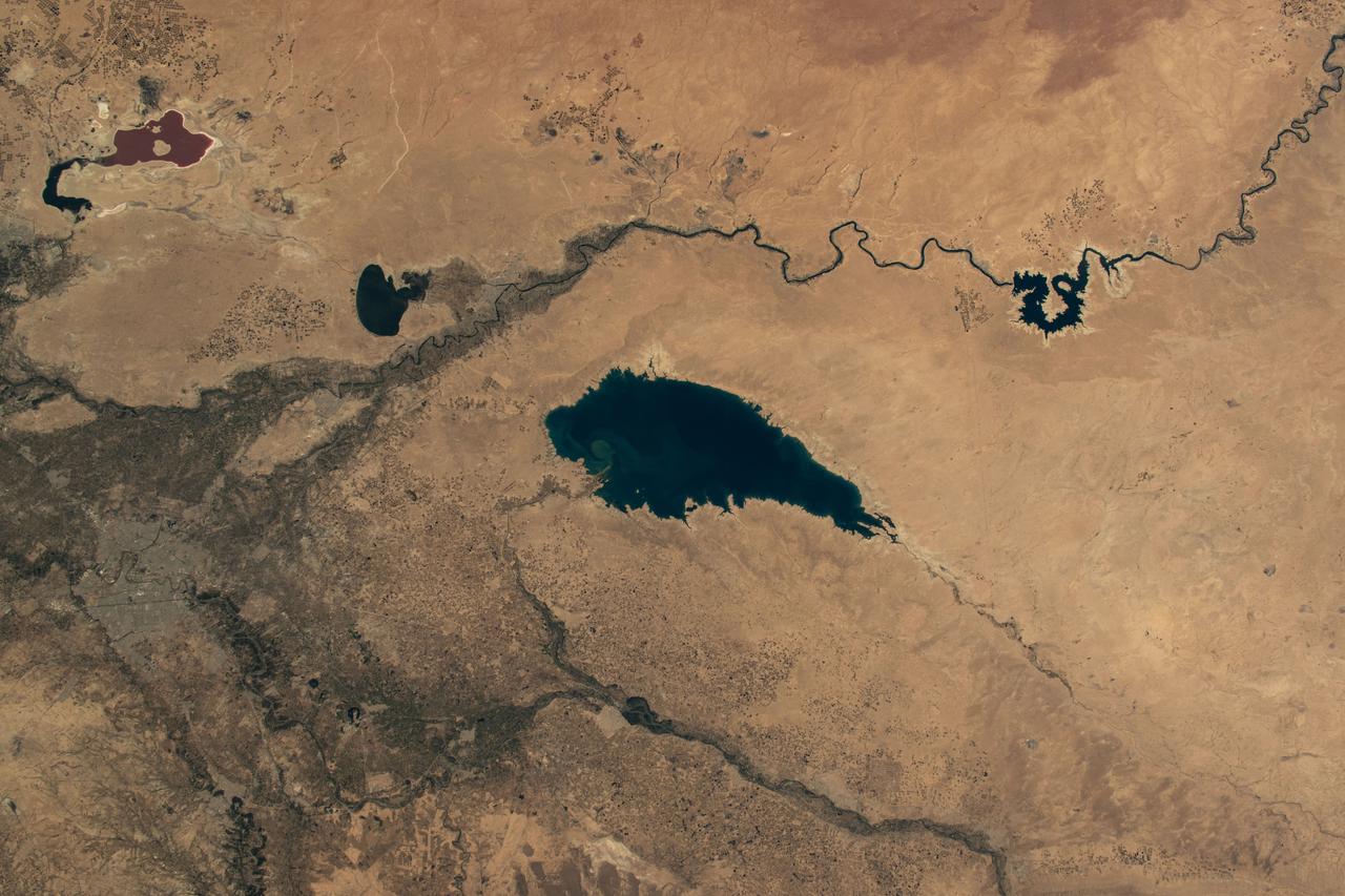 iss071e163367 (June 4, 2024) --- Baghdad, Iraq (lower left), is pictured near several bodies of water including (from left) Razazza Lake, Habbaniyah Lake, Therthar Lake, the Euphrates River, and Lake Qadisiyah created by the damming of the Euphrates. The International Space Station was orbiting 260 miles above the Middle East at the time of this photograph.