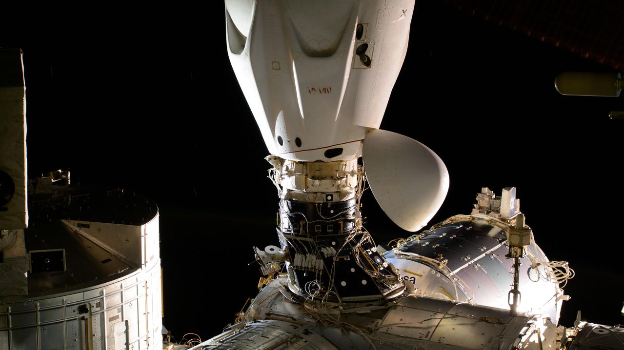 iss071e186365 (June 14, 2024) --- The SpaceX Dragon Endeavour spacecraft is pictured docked to the space-facing port on the International Space Station's Harmony module.