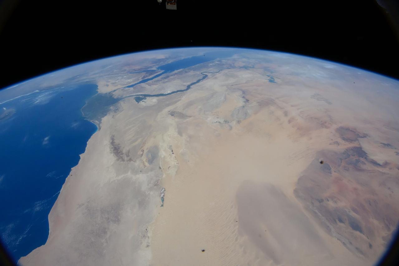iss071e207494 (June 24, 2024) -- Soaring 263 miles above Egypt, NASA astronaut Butch Wilmore captured this photo from the International Space Station. To the left of the image is the Mediterranean Sea. Snaking from it is the Nile River, and at the very top of the image is the Red Sea.