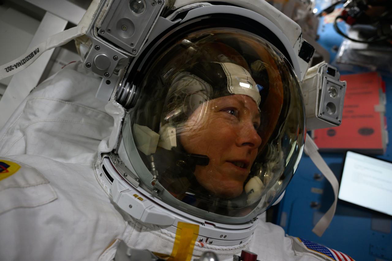 iss071e207993 (June 24, 2024) --- NASA astronaut and Expedition 71 Flight Engineer Tracy C. Dyson is pictured in her spacesuit prior to the start of a science and maintenance spacewalk that ended early after her suit experienced a water leak in the service and cooling umbilical unit.