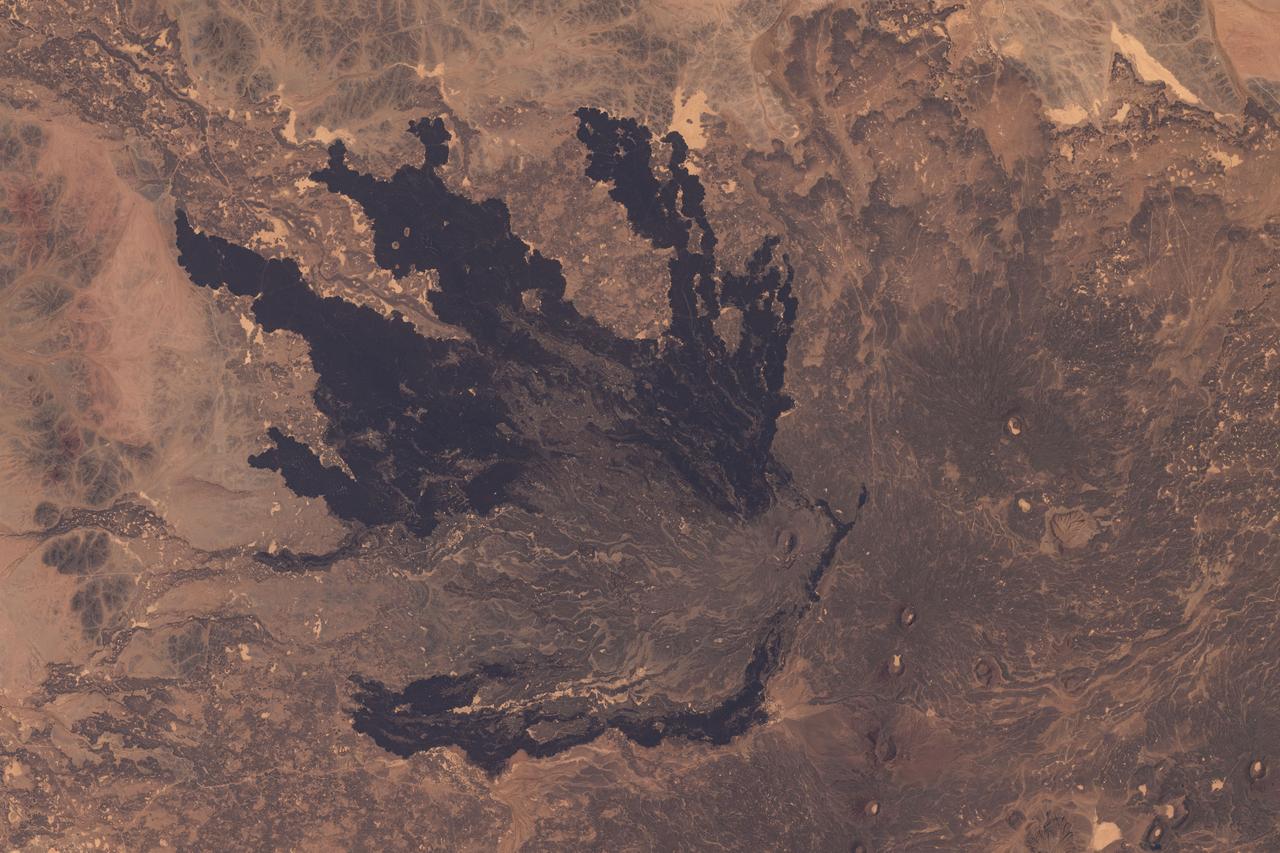 iss071e235550 (June 26, 2024) --- A lava field southeast of Medina, Saudi Arabia, is pictured from the International Space Station as it orbited 263 miles above the Arabian Peninsula.