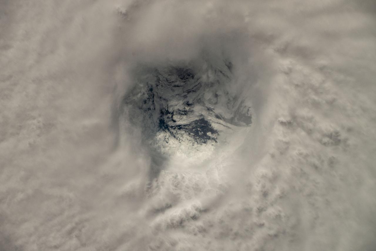 iss071e245377 (July 1, 2024) --- The eye of Hurricane Beryl, a Category 4 storm off the coast of Grenada in the Caribbean Sea, is pictured as the International Space Station orbited 263 miles above.