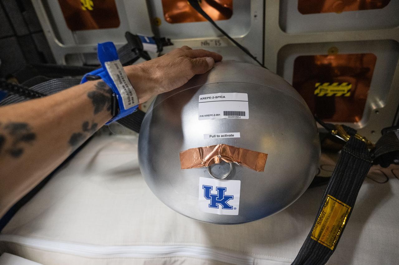 iss071e297164 (7/9/2024) --- One of the five Kentucky Re-Entry Universal Payload System (KRUPS) capsules of the Kentucky Re-entry Probe Experiment-2 (KREPE-2) mission aboard the International Space Station, encapsulated in the ISS-KREM shell. Thermal Protection Systems (TPS) technology uses three capsules outfitted with different heat shield materials and a variety of sensors to obtain data on actual reentry conditions. KREPE-2 tests new heat shields from NASA as well as a heat shield manufactured entirely at the University of Kentucky.