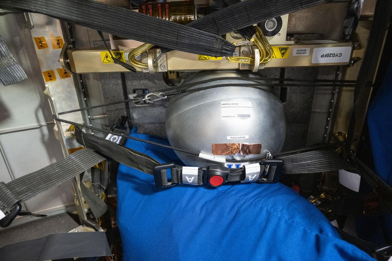 iss071e297176 (7/9/2024) --- One of the five Kentucky Re-Entry Universal Payload System (KRUPS) capsules of the Kentucky Re-entry Probe Experiment-2 (KREPE-2) mission aboard the International Space Station, encapsulated in the ISS-KREM shell. Thermal Protection Systems (TPS) technology uses three capsules outfitted with different heat shield materials and a variety of sensors to obtain data on actual reentry conditions. KREPE-2 tests new heat shields from NASA as well as a heat shield manufactured entirely at the University of Kentucky.