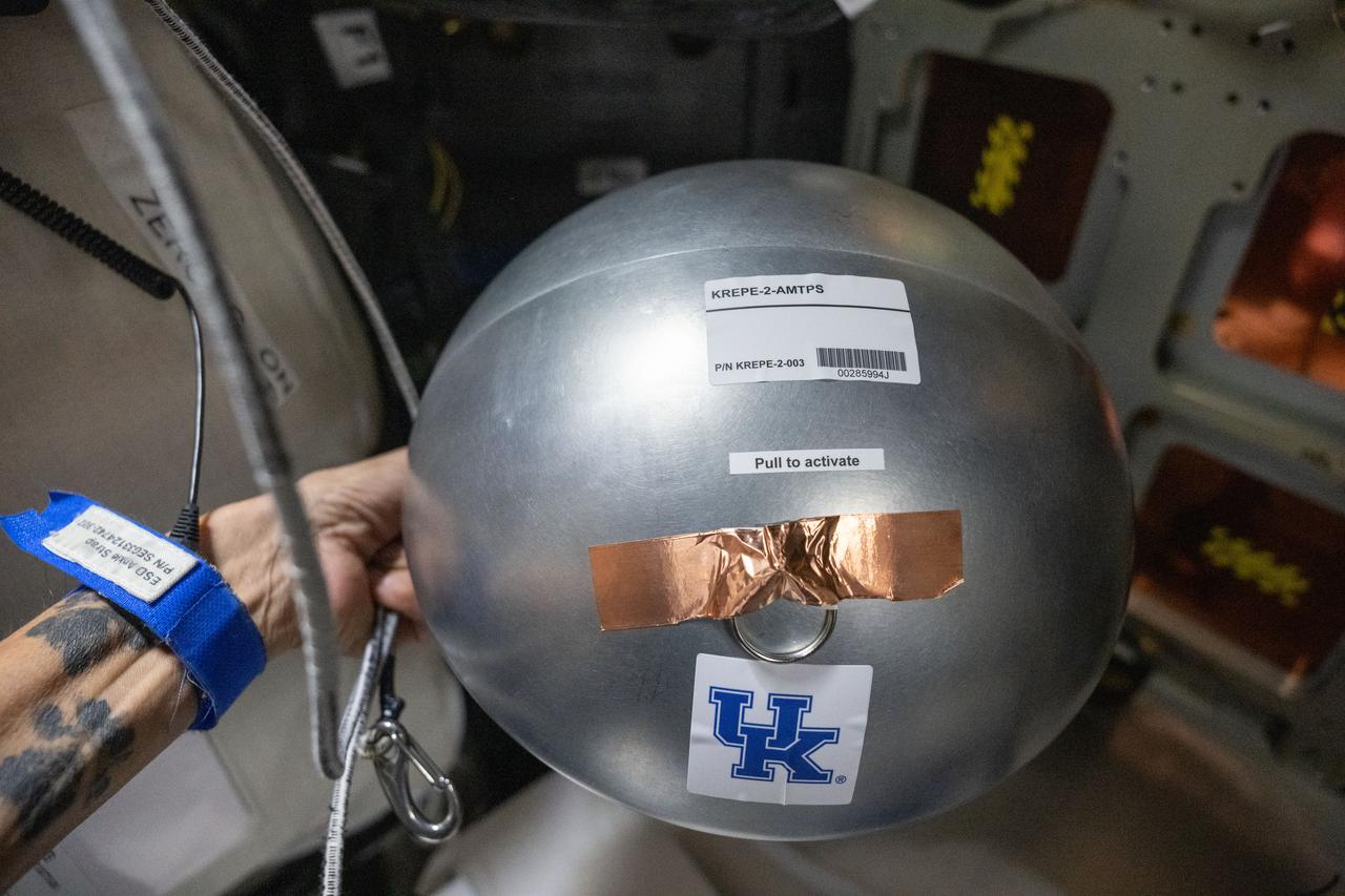 iss071e297177 (7/9/2024) --- One of the five Kentucky Re-Entry Universal Payload System (KRUPS) capsules of the Kentucky Re-entry Probe Experiment-2 (KREPE-2) mission aboard the International Space Station, encapsulated in the ISS-KREM shell. Thermal Protection Systems (TPS) technology uses three capsules outfitted with different heat shield materials and a variety of sensors to obtain data on actual reentry conditions. KREPE-2 tests new heat shields from NASA as well as a heat shield manufactured entirely at the University of Kentucky.