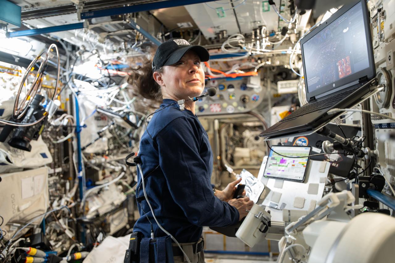 iss071e297582 (July 9, 2024) --- NASA astronaut and Expedition 71 Flight Engineer Tracy C. Dyson is pictured inside the International Space Station's Columbus laboratory module. She was exploring ways to control a robot on the ground from a spacecraft. Dyson coordinated with robotics engineers on Earth remotely manipulating a robot using a computer while testing its ergonomic features and haptic feedback for conditions such as wind and gravity. Results may inform future exploration missions to the Moon, Mars, and beyond.