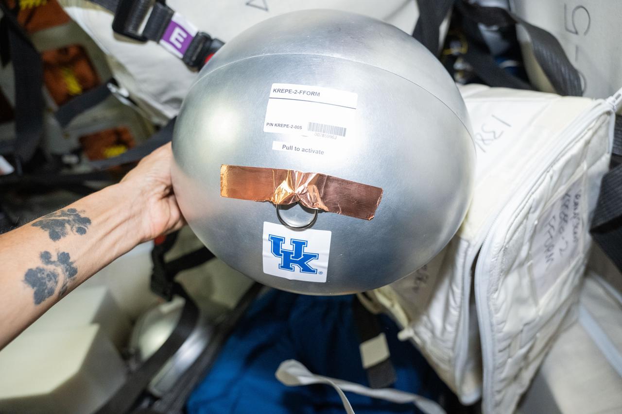 iss071e312452 (7/9/2024) --- One of the five Kentucky Re-Entry Universal Payload System (KRUPS) capsules of the Kentucky Re-entry Probe Experiment-2 (KREPE-2) mission aboard the International Space Station, encapsulated in the ISS-KREM shell. Thermal Protection Systems (TPS) technology uses three capsules outfitted with different heat shield materials and a variety of sensors to obtain data on actual reentry conditions. KREPE-2 tests new heat shields from NASA as well as a heat shield manufactured entirely at the University of Kentucky.