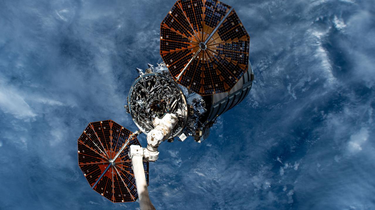 iss071e329969 (July 12, 2024) --- Northrop Grumman's Cygnus space freighter is attached to the leading end effector of the 57.7-foot-long Canadarm2 robotic arm about to be released into Earth orbit ending a five-and-a-half month cargo mission berthed to the International Space Station's Unity module.