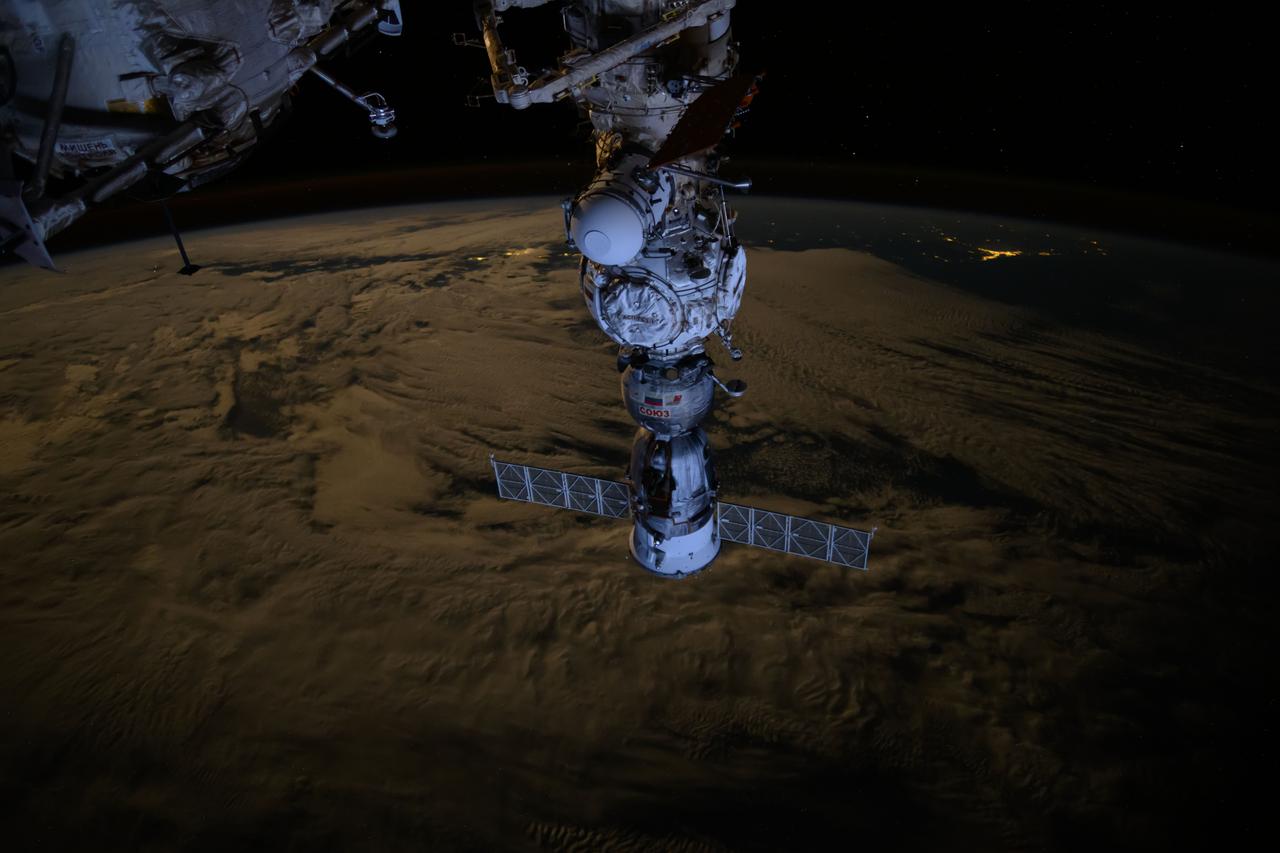 iss071e365226 (July 19, 2024) --- The Soyuz MS-25 crew ship is picture docked to the Prichal docking module as the International Space Station orbited 271 miles above the Tasman Sea off the coast of New Zealand.