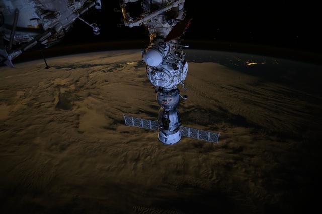 NASA image: The Soyuz MS-25 crew ship docked to the Prichal docking module