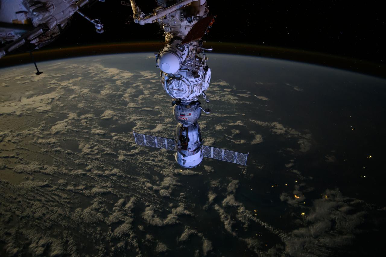 iss071e365604 (July 19, 2024) --- The Soyuz MS-25 crew ship is picture docked to the Prichal docking module as the International Space Station orbited 271 miles above the Bass Strait in between Australia's mainland province of Victoria and its island province of Tasmania.