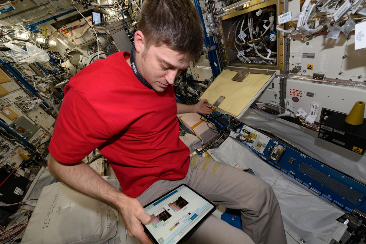 iss071e462464 (Aug. 9, 2024) --- NASA astronaut and Expedition 71 Flight Engineer Matthew Dominick replaces research components inside the Electrostatic Levitation Furnace (ELF) located inside the International Space Station's Kibo laboratory module. The ELF supports safe observations of microgravity’s effect on materials exposed to high temperatures.