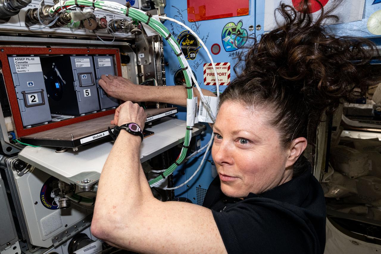 iss071e486706 (Aug. 15, 2024) --- NASA astronaut and Expedition 71 Flight Engineer Tracy C. Dyson swaps out sample processors for the Pharmaceutical In-space Laboratory experiment that is exploring the production and manufacturing of medicines to benefit astronauts in space and humans on Earth. The processors were installed in the Advanced Space Experiment Processor, or ADSEP, that can process a variety of research samples and be delivered to the International Space Station and returned to Earth aboard the SpaceX Dragon cargo craft.