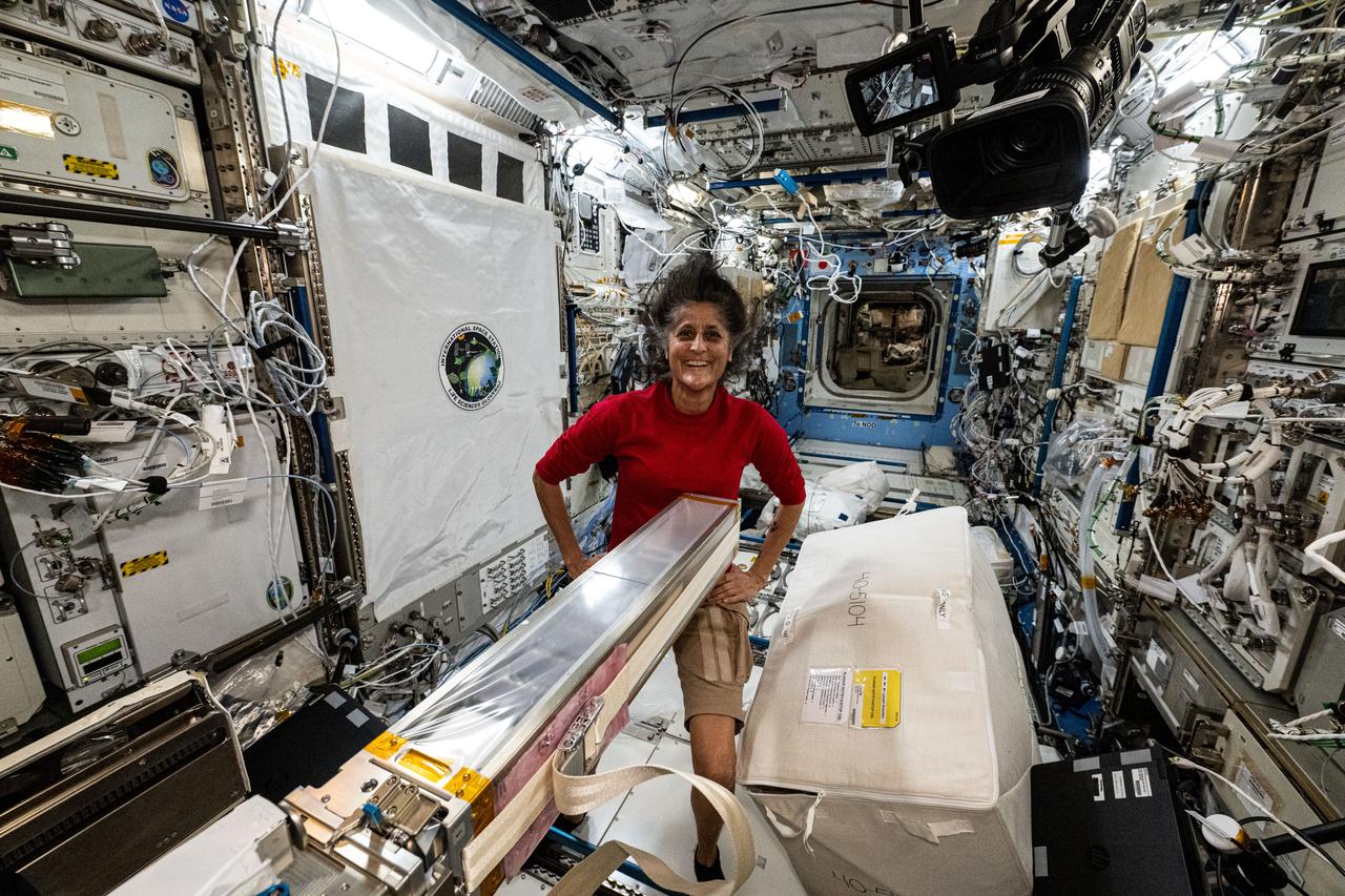 iss071e547354 (Aug. 23, 2024) --- NASA astronaut and Boeing's Crew Flight Test Pilot Suni Williams smiles for a portrait in the middle of maintenance work aboard the International Space Station's Kibo laboratory module.