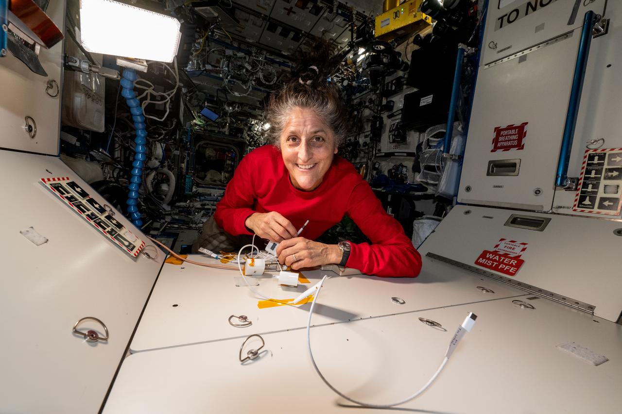iss071e608493 (Sept. 4, 2024) --- NASA astronaut Suni Williams configures portable electronics gear aboard the International Space Station's Destiny laboratory module.