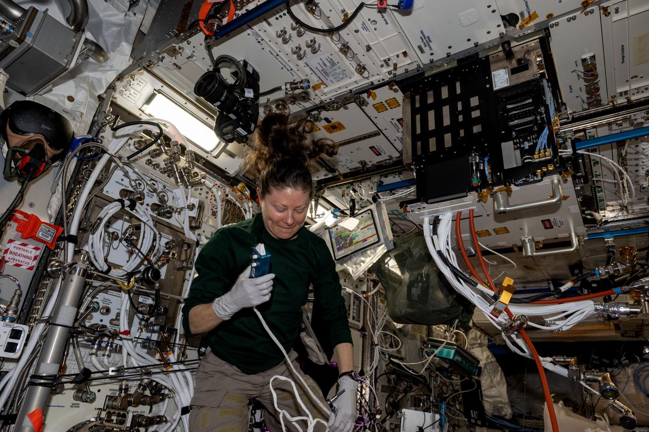 iss071e612592 (Sept. 6, 2024) --- NASA astronaut and Expedition 71 Flight Engineer Tracy C. Dyson conducts research maintenance on the Fluids Science Laboratory including removing samples from the Soft Matter Dynamics experiment. The space physics investigation is exploring how microgravity affects foams and emulsions potentially benefitting a variety of Earth and space industries such as fire safety, pharmaceuticals, food, and more.
