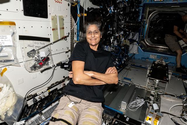 NASA image: NASA astronaut Suni Williams smiles for a photograph aboard the International Space Station