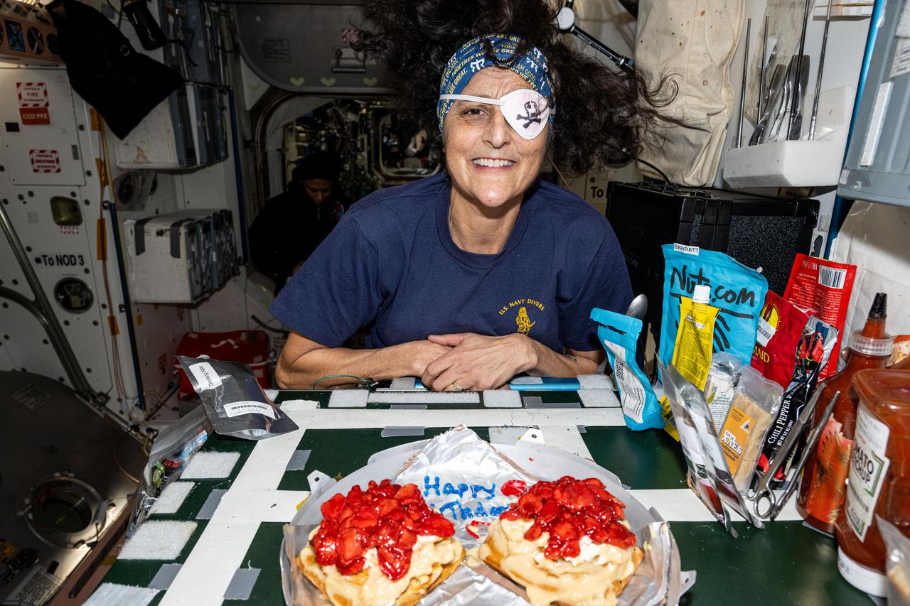 iss071e675920 (Sept. 19, 2024) --- NASA astronaut and Expedition 71 Flight Engineer Suni Williams celebrates her birthday during International Talk Like a Pirate Day aboard the International Space Station. Sitting on the Unity module's gallery is a pair of strawberry cakes for her and crewmates to enjoy. Items are attached to the galley using tape and velcro to keep them from flying away in the microgravity environment.
