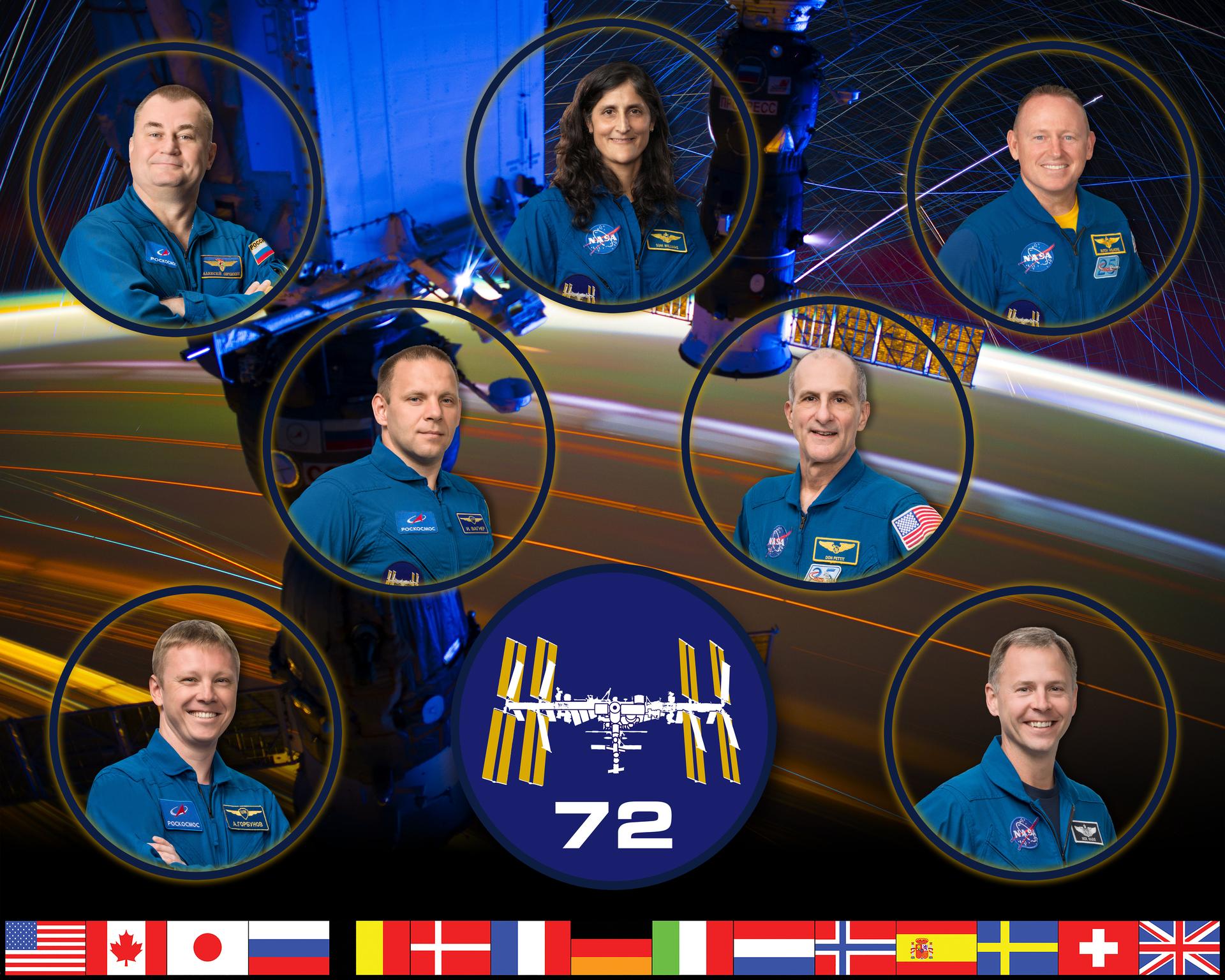 The official portrait of the International Space Station's Expedition 72 crew. At the top (from left) are, Roscosmos cosmonaut and Flight Engineer Alexey Ovchinin, NASA astronaut and space station Commander Suni Williams, and NASA astronaut and Flight Engineer Butch Wilmore. In the middle row are, Roscosmos cosmonaut and Flight Engineer Ivan Vagner and NASA astronaut and Flight Engineer Don Pettit. In the bottom row are, Roscosmos cosmonaut and Flight Engineer Aleksandr Gorbunov and NASA astronaut and Flight Engineer Nick Hague.