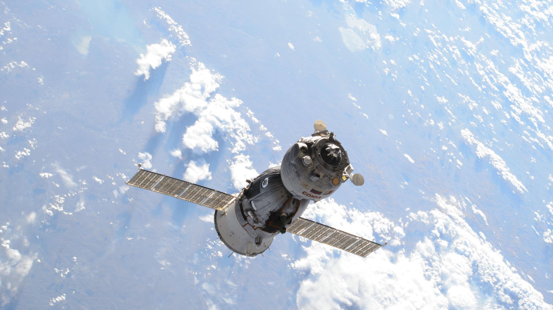 The Soyuz MS-25 spacecraft, with NASA astronaut Tracy C. Dyson and Roscosmos cosmonauts Nikolai Chub and Oleg Kononenko aboard, is pictured shortly after undocking from the International Space Station's Prichal module.