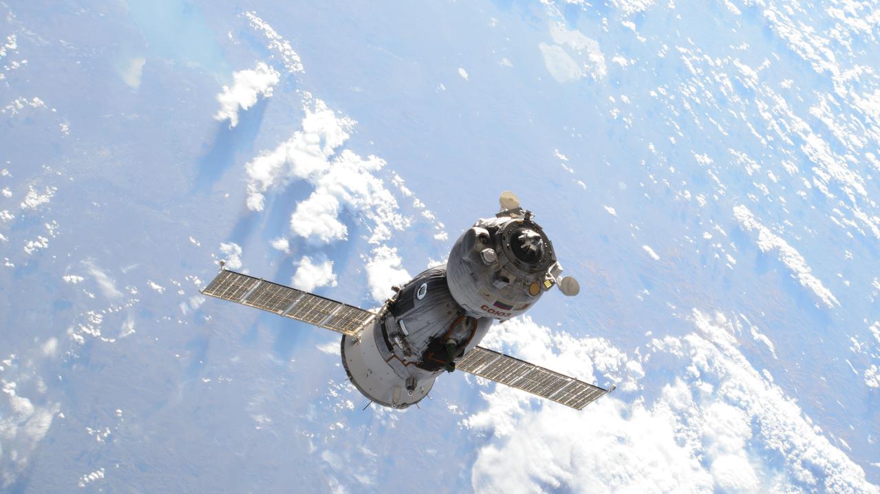 iss072e000001 (Sept. 23, 2024) --- The Soyuz MS-25 spacecraft, with NASA astronaut Tracy C. Dyson and Roscosmos cosmonauts Nikolai Chub and Oleg Kononenko aboard, is pictured shortly after undocking from the International Space Station's Prichal module.