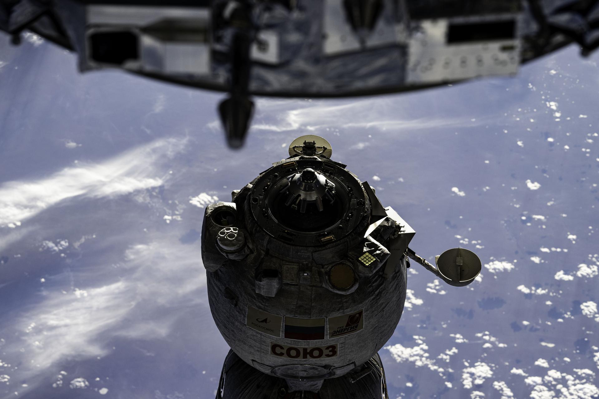 The Soyuz MS-25 spacecraft, with NASA astronaut Tracy C. Dyson and Roscosmos cosmonauts Nikolai Chub and Oleg Kononenko aboard, is pictured shortly after undocking from the International Space Station's Prichal module.