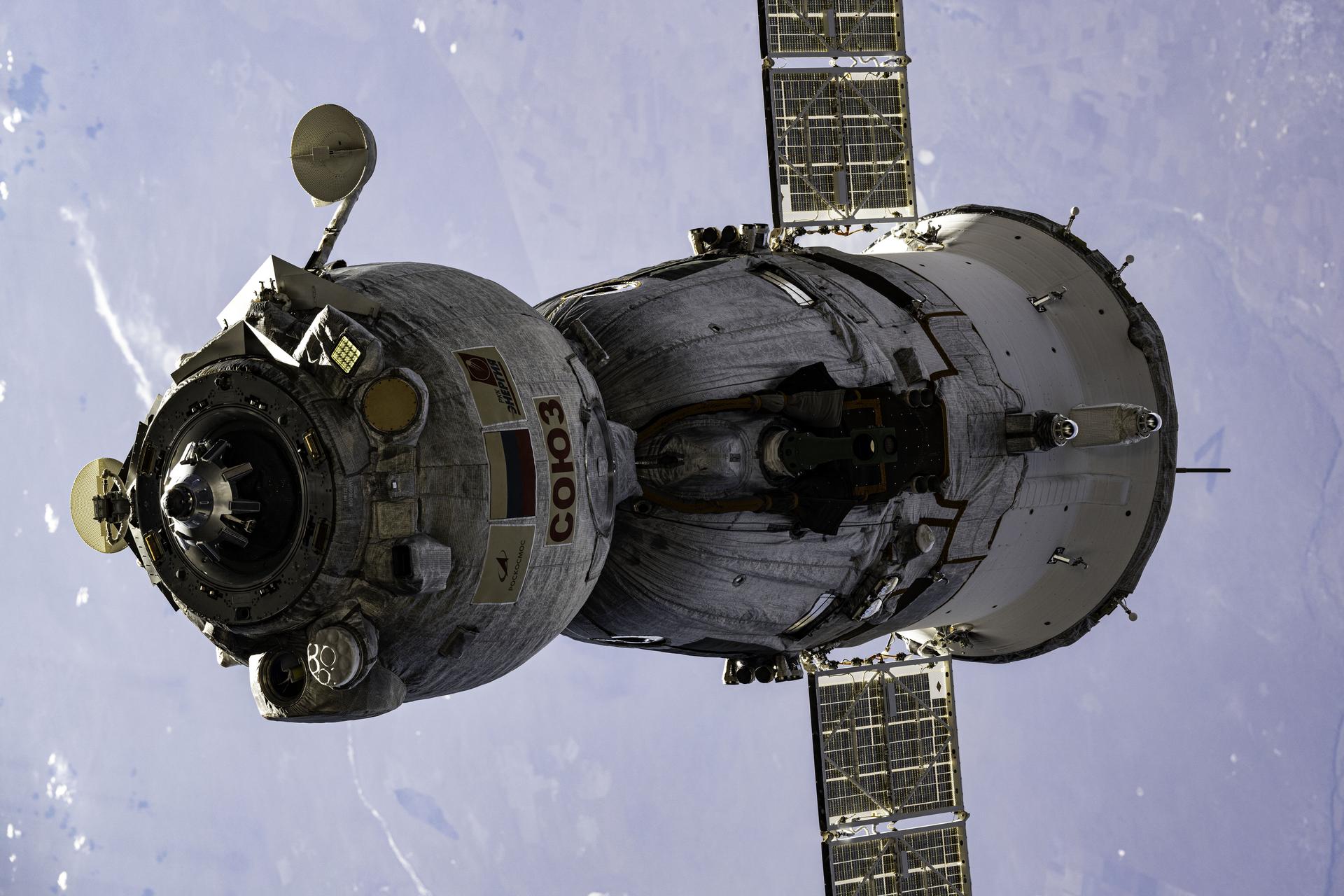 The Soyuz MS-25 spacecraft, with NASA astronaut Tracy C. Dyson and Roscosmos cosmonauts Nikolai Chub and Oleg Kononenko aboard, is pictured shortly after undocking from the International Space Station's Prichal module.