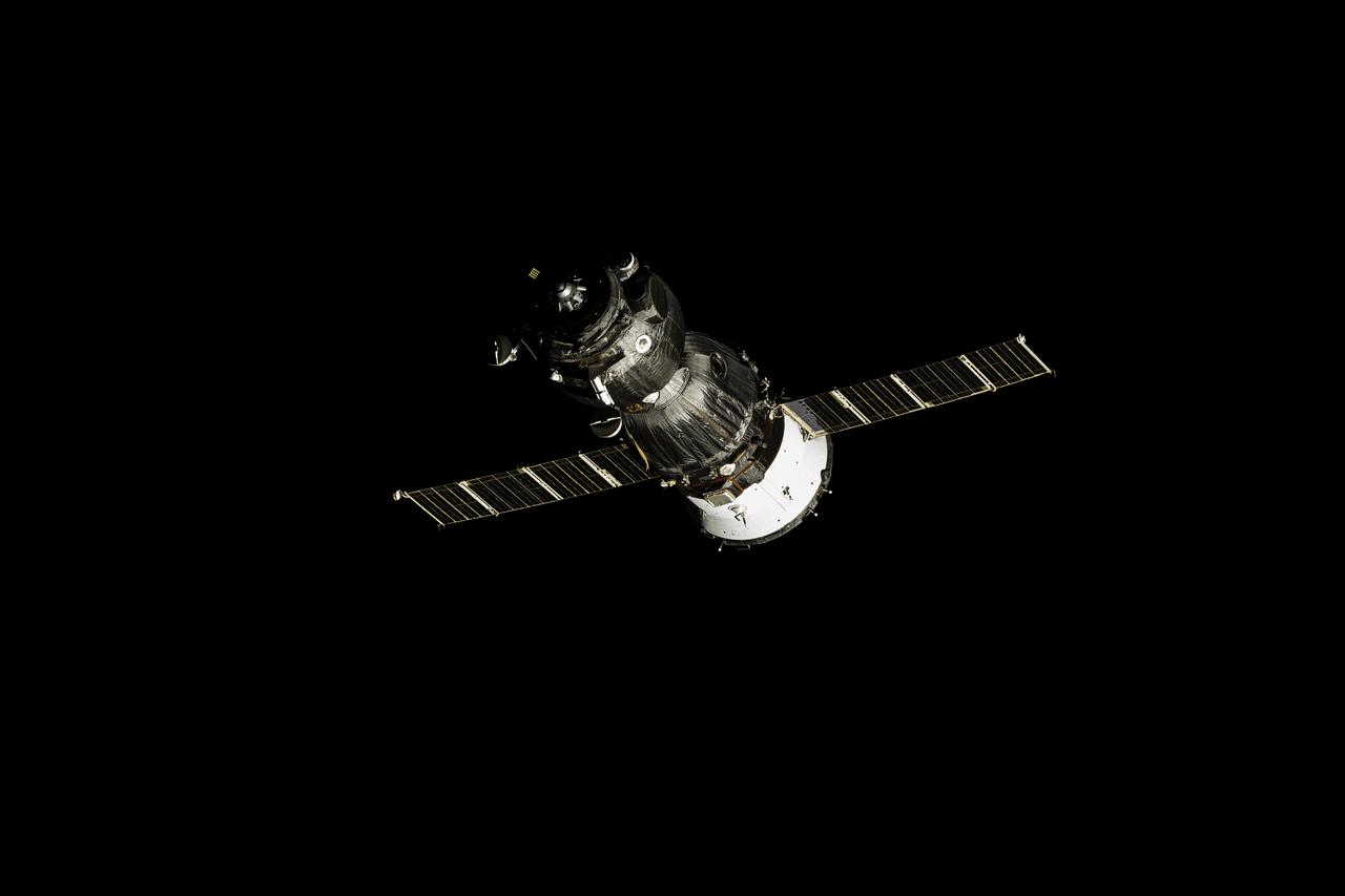 iss072e000057 (Sept. 23, 2024) --- The Soyuz MS-25 spacecraft, with NASA astronaut Tracy C. Dyson and Roscosmos cosmonauts Nikolai Chub and Oleg Kononenko aboard, is pictured departing the International Space Station after undocking from the Prichal module.