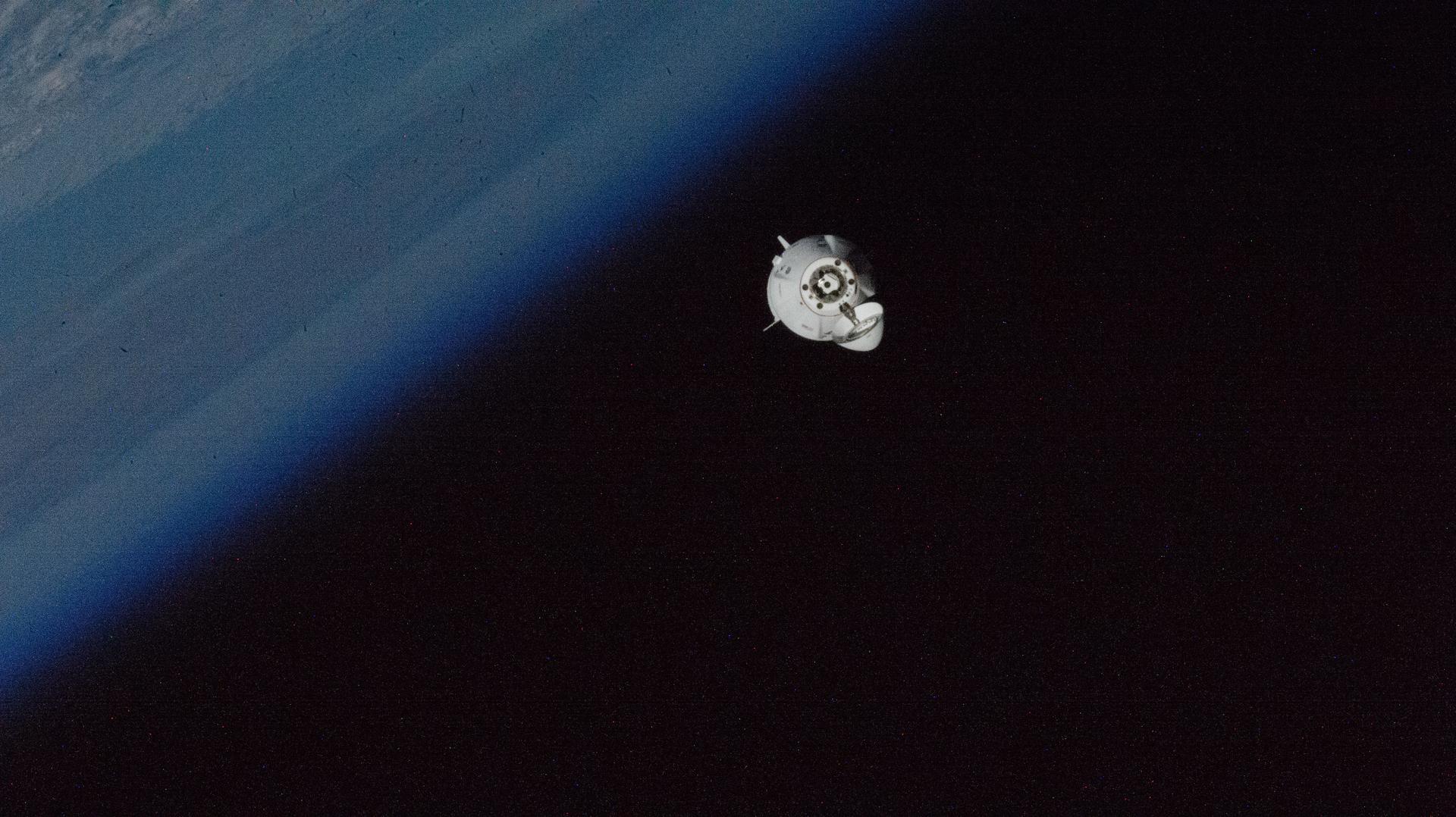 The SpaceX Dragon Freedom spacecraft carrying NASA astronaut Nick Hague and Roscosmos cosmonaut Aleksandr Gorbunov approaches the International Space Station 261 miles above Ontario, Canada, near the coast of James Bay.