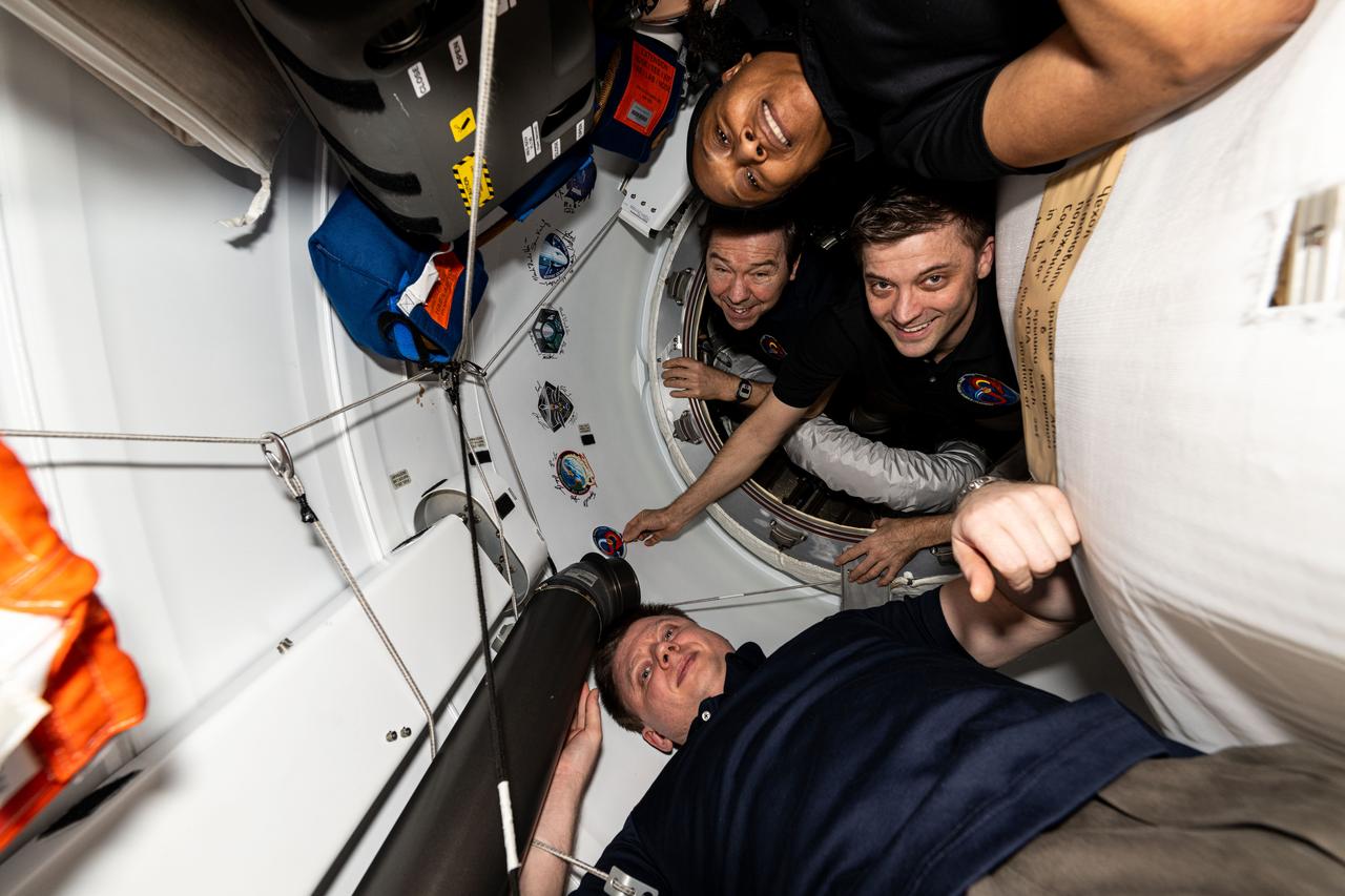 iss072e005765 (Sept. 28, 2024) --- The four crew members that make up the SpaceX Crew-8 mission aboard the International Space Station are pictured in the vestibule in between the Harmony module's space-facing port and the SpaceX Dragon Endeavour spacecraft. From top to bottom are, NASA astronauts Jeanette Epps, Mike Barratt, and Matthew Dominick, and Roscosmos cosmonaut Alexander Grebenkin.