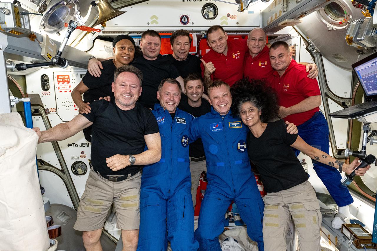 iss072e007525 (Sept. 29, 2024) --- The 11-member Expedition 72 crew poses for a portrait aboard the International Space Station's Harmony module. In the front row (from left) are, NASA astronauts Butch Wilmore, Nick Hague, and Matthew Dominick, and Roscosmos cosmonaut Aleksandr Gorbunov, and NASA astronaut Suni Williams. In the back are, NASA astronaut Jeanette Epps, Roscosmos cosmonaut Aleksandr Grebenkin, NASA astronaut Mike Barratt, Roscosmos cosmonaut Ivan Vagner, NASA astronaut Don Pettit, and Roscosmos cosmonaut Alexey Ovchinin.