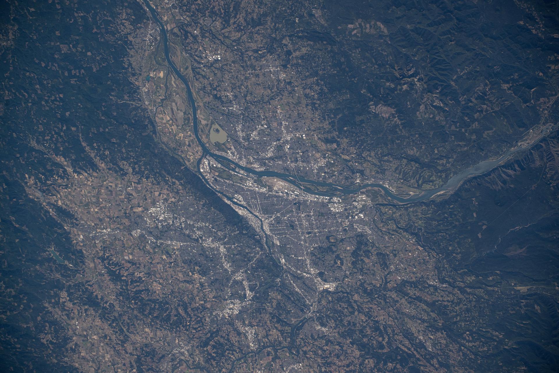 Portland, Oregon, a city with a population of about 652,000 at the junction of the Willamette and Columbia Rivers, is pictured from the International Space Station as it orbited 259 miles above North America.