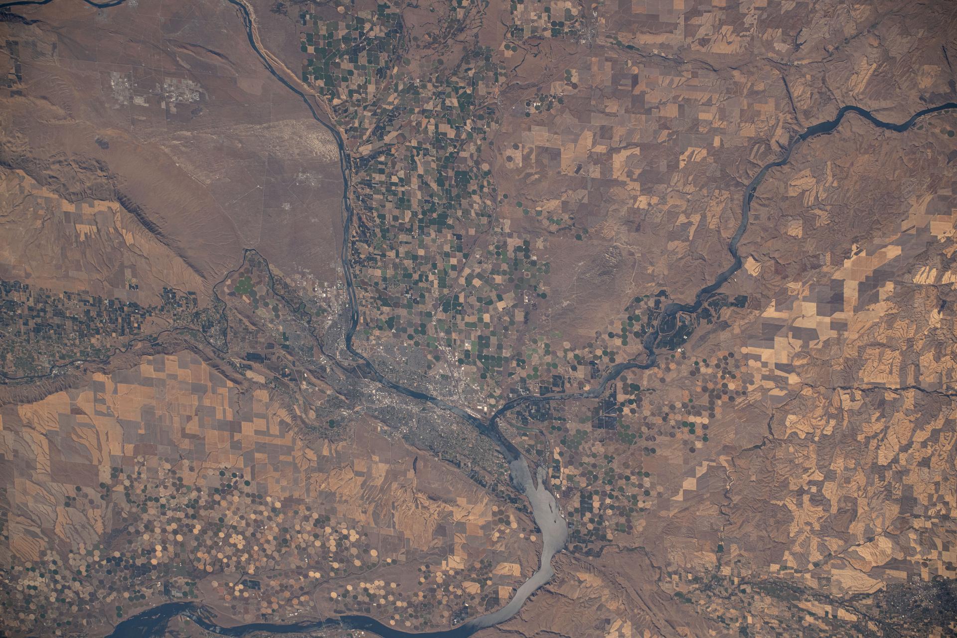 The Columbia River splits into the Snake River where the Washington state counties of Walla Walla, Benton, and Franklin meet in this photograph from the International Space Station as it orbited 259 miles above.