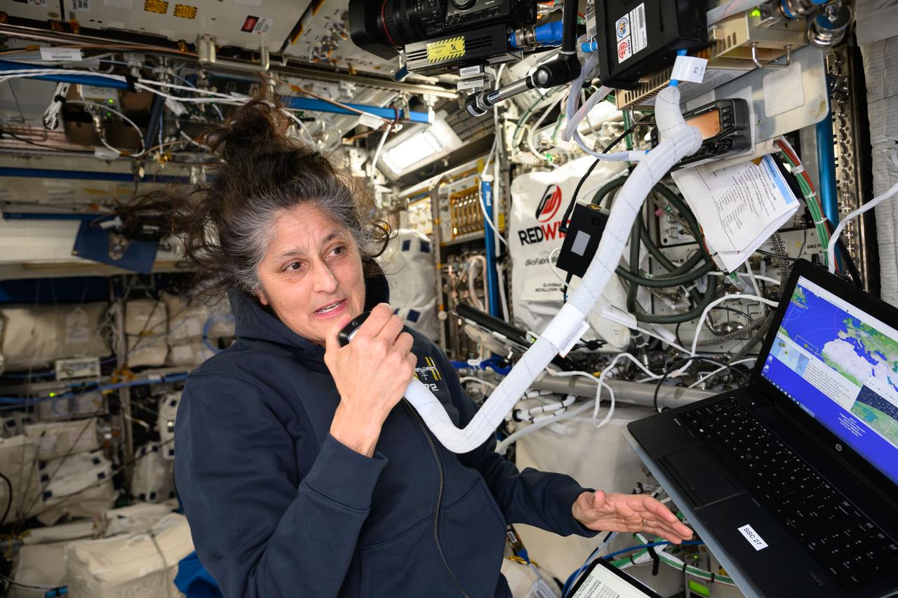 iss072e013206 (Oct. 5, 2024) --- NASA astronaut and Expedition 72 Commander Suni Williams calls down to students in Shepperton, United Kingdom, on the International Space Station's ham radio and answers their questions about living in space.