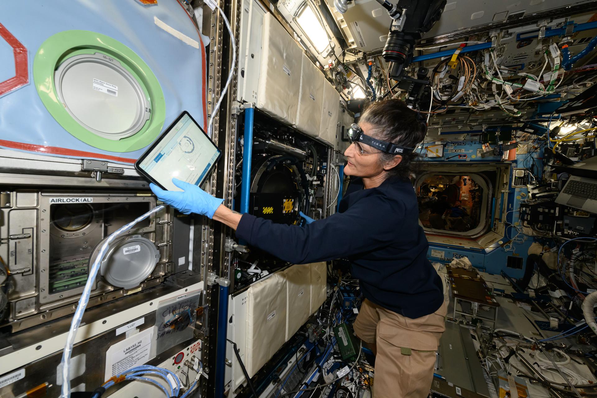 NASA astronaut and Expedition 72 Commander Suni Williams checks procedures on a computer tablet while installing experiment samples inside the International Space Station's Combustion Integrated Rack. Williams was conducting research operations for the Solid Fuel Ignition and Extinction experiment that explores how a variety of materials burn in weightlessness to improve fire safety on spacecraft.