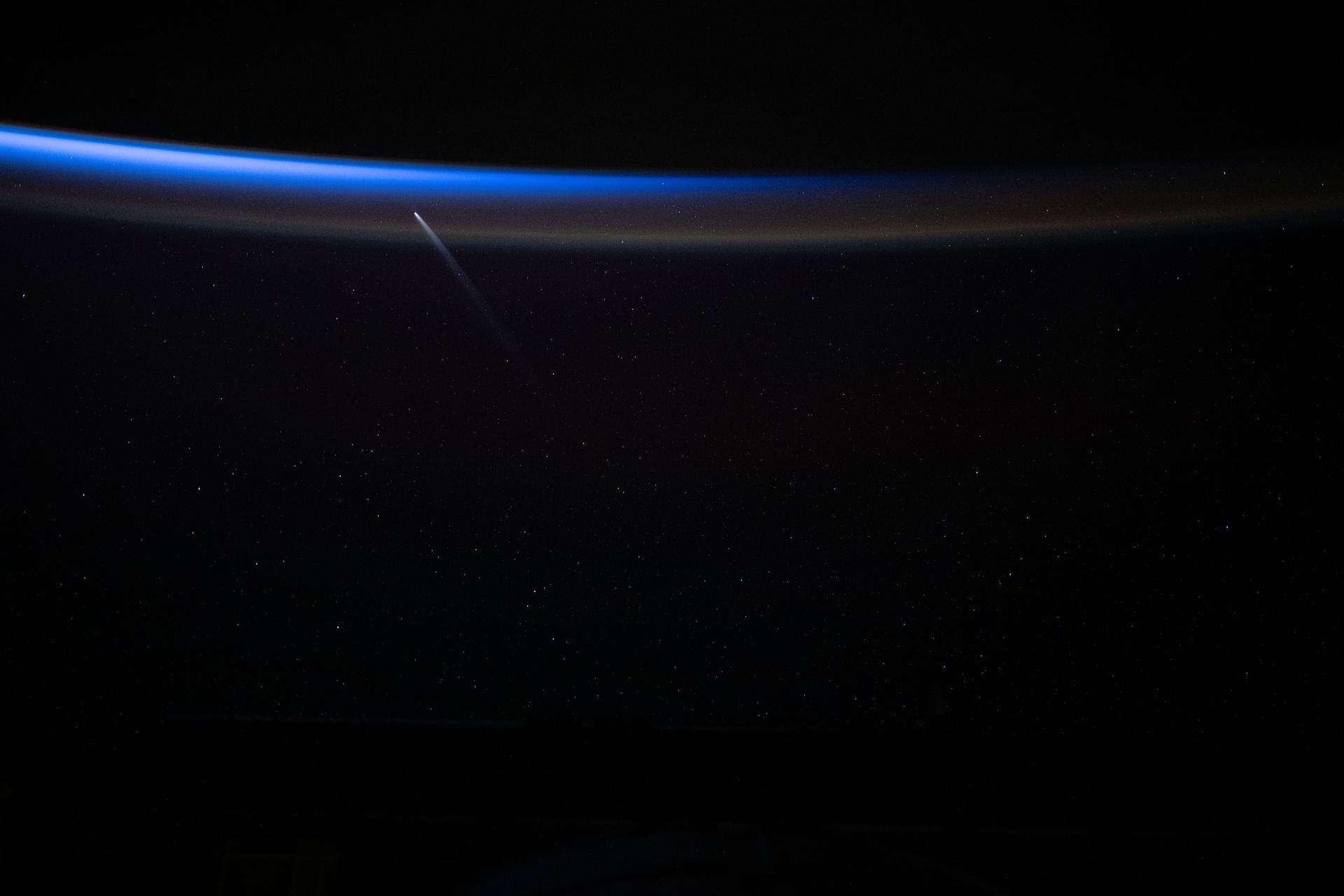 Comet C/2023 A3 (Tsuchinshan-ATLAS) was about 44 million miles away from Earth in this photograph from the International Space Station as it orbited 272 miles above the South Pacific Ocean southeast of New Zealand just before sunrise.