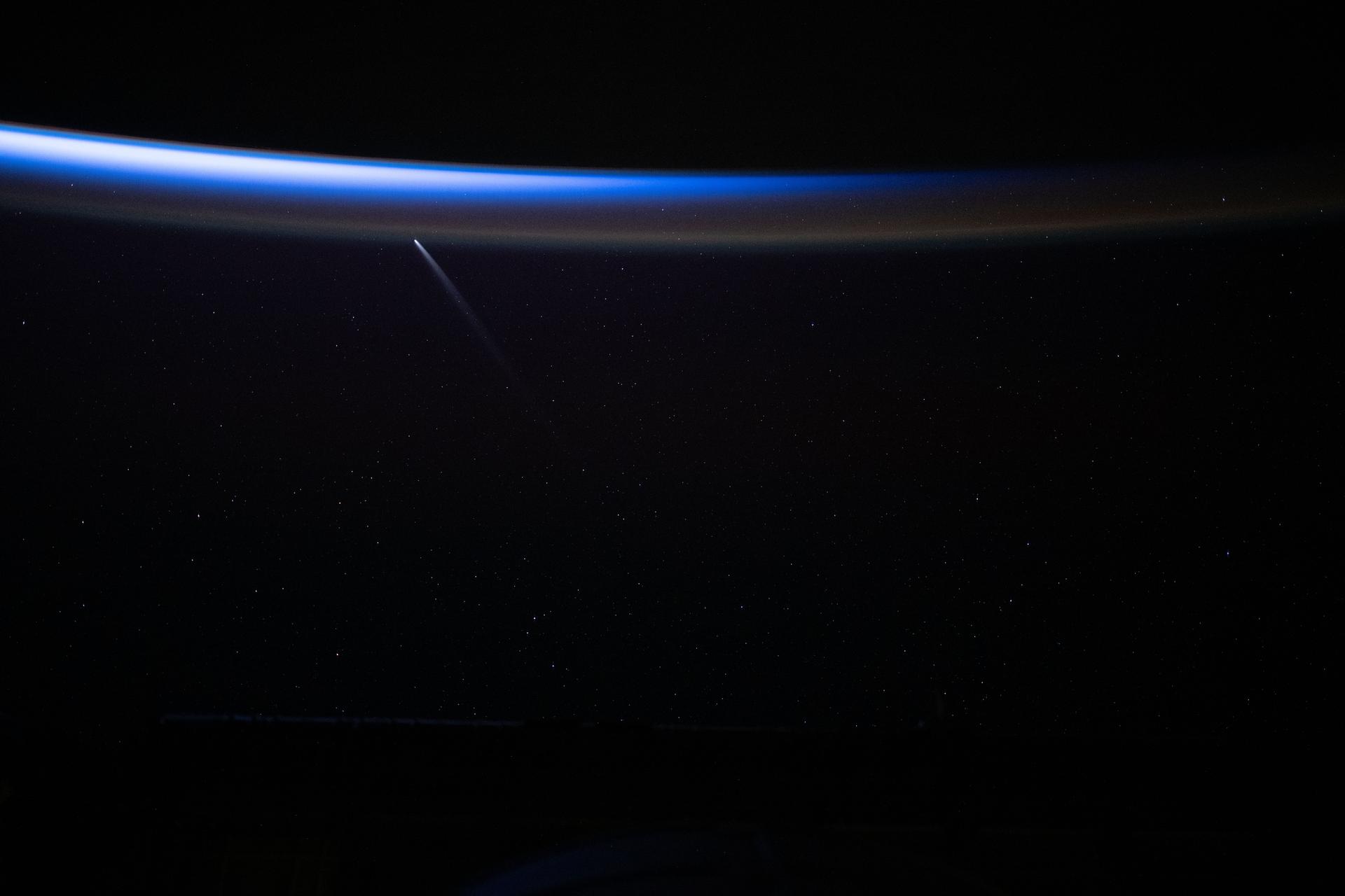 Comet C/2023 A3 (Tsuchinshan-ATLAS) was about 44 million miles away from Earth in this photograph from the International Space Station as it orbited 272 miles above the South Pacific Ocean southeast of New Zealand just before sunrise.