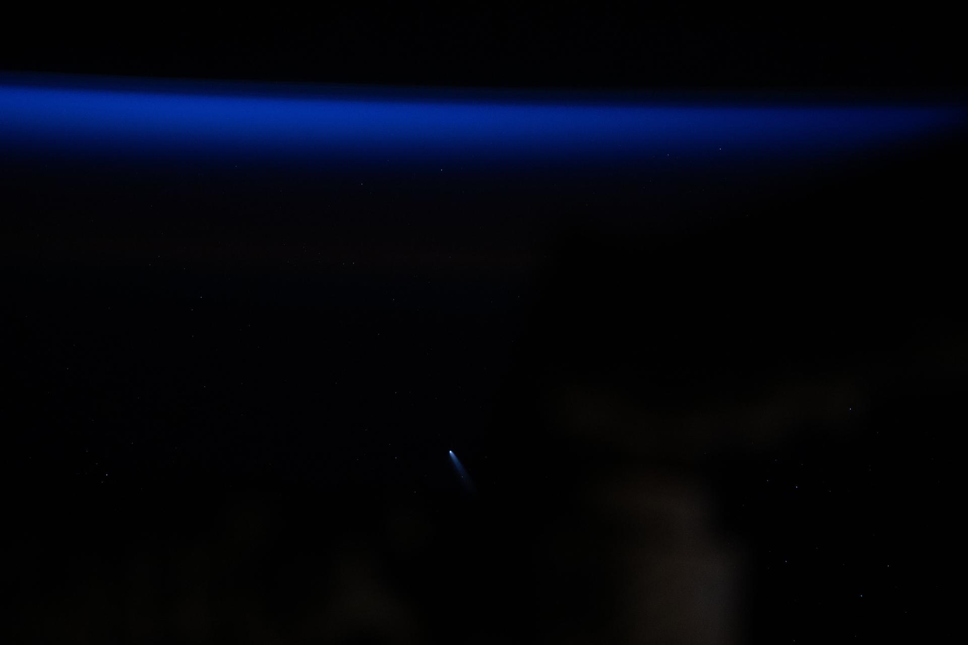 Comet C/2023 A3 (Tsuchinshan-ATLAS) was about 44 million miles away from Earth in this photograph from the International Space Station as it orbited 272 miles above the South Pacific Ocean west of the Patagonia region of South America just before sunrise.