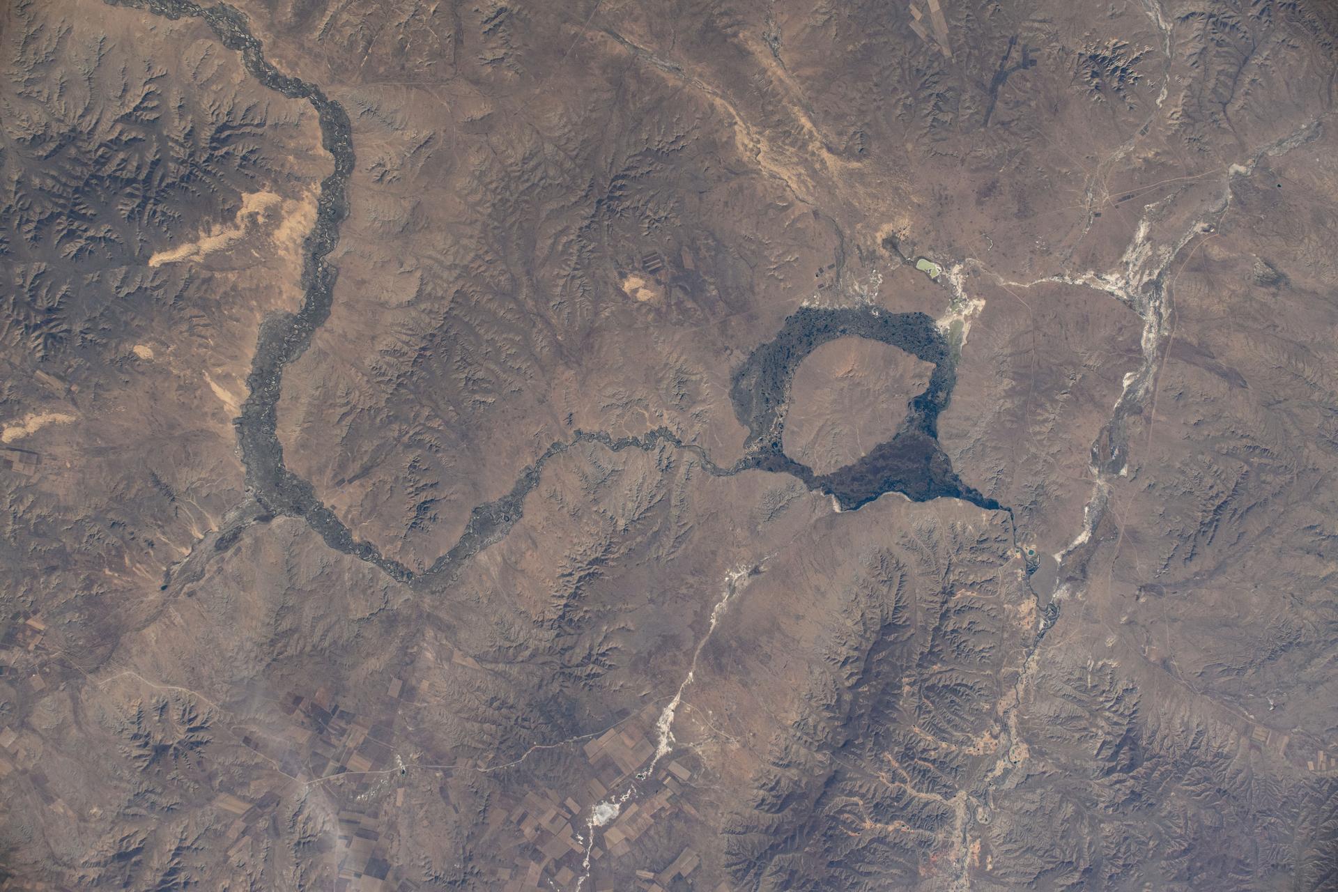 The cold, arid provinces of Bulgan and Tov in Mongolia's northern region, near the Asian nation's capital of Ulaanbaatar, are pictured from the International Space Station as it orbited 260 miles above.