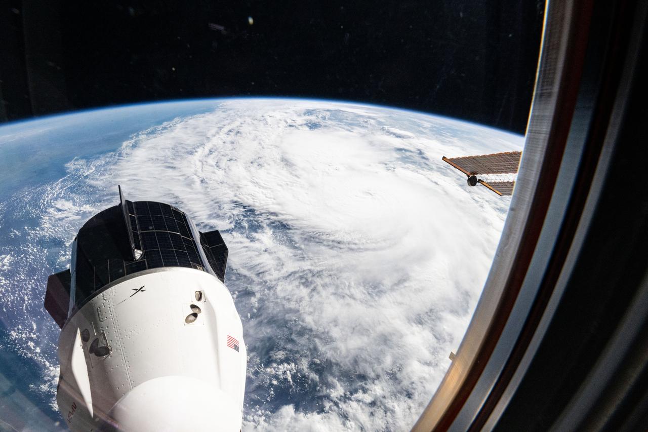 iss072e031284 (Oct. 7, 2024) --- Hurricane Milton is pictured as a category 4 storm in the Gulf of Mexico nearing the coast of Florida in this photograph from the International Space Station as it orbited 257 miles above. The SpaceX Dragon Freedom spacecraft is also pictured from a window on the Dragon Endeavour spacecraft.