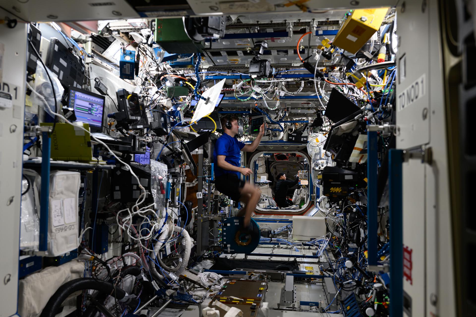 NASA astronauts Matthew Dominick and Jeanette Epps (rear center), both Expedition 72 Flight Engineers, are pictured during a variety of activities aboard the International Space Station. Dominick is pedaling on the Cycle Ergometer with Vibration Isolation and Stabilization (CEVIS), an exercise cycle providing aerobic and cardiovascular conditioning inside the Destiny laboratory module. Epps is in the Harmony module exploring how to water plants in the microgravity environment for the Plant Water Management 5 space botany investigation.