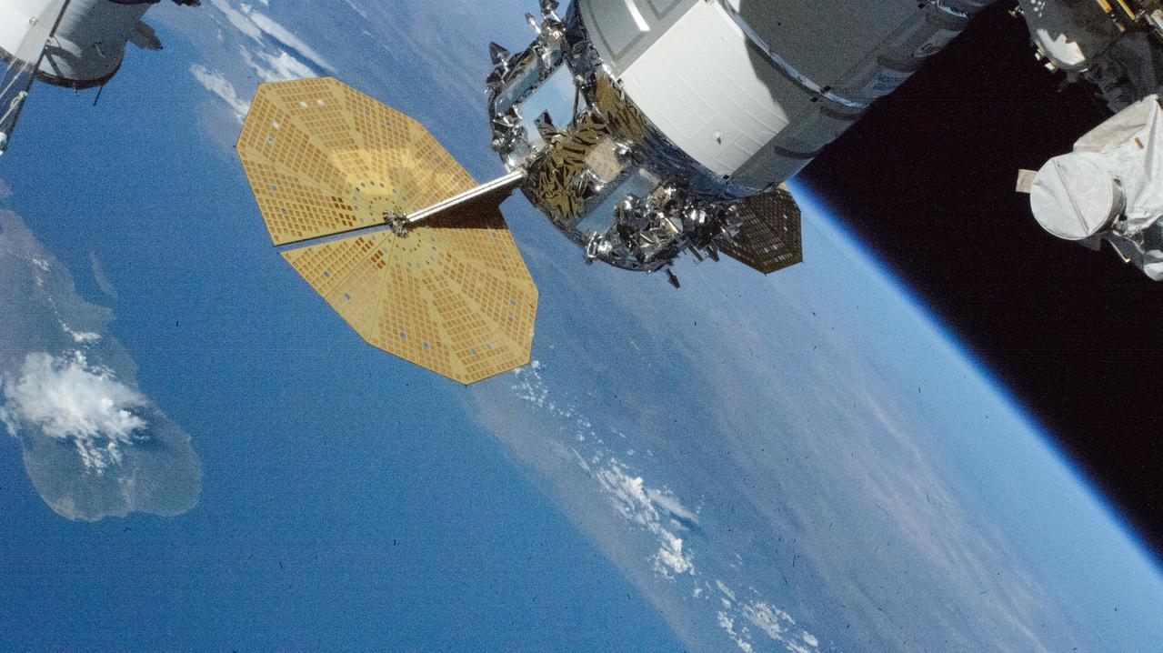iss072e036306 (Oct. 13, 2024) --- Northrop Grumman's Cygnus space freighter, with its prominent cymbal-shaped UltraFlex solar arrays, is pictured attached to the International Space Station while orbiting 257 miles above the Pacific Ocean off the coast of Mexico.