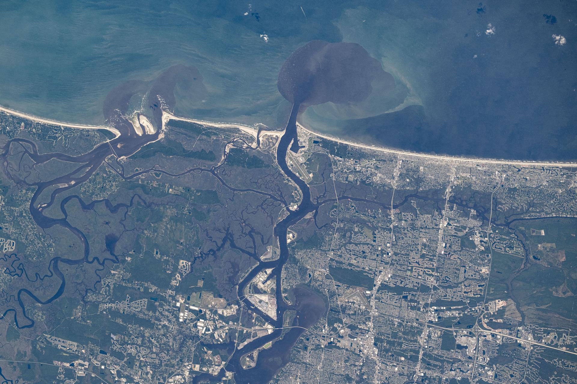 St. John's River empties into the Atlantic Ocean just east of Jacksonville, Florida, in this photograph from the International Space Station as it orbited 258 miles above.